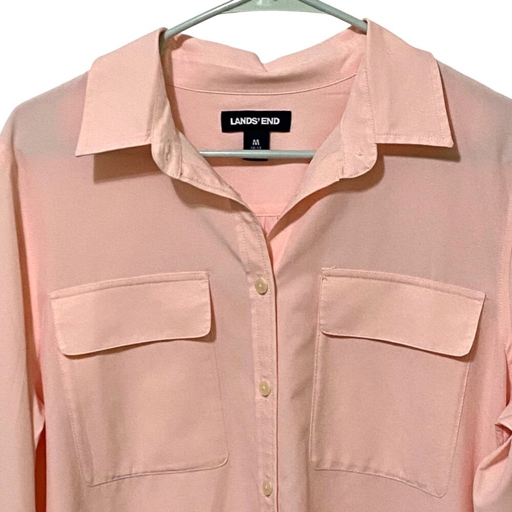 Lands End Womens Button Front‎ Top M Pink Career Preppy Mature Spring Summer